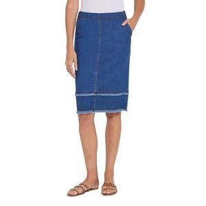 NEW LYSSE evelina fringed denim pencil skirt in mid wash